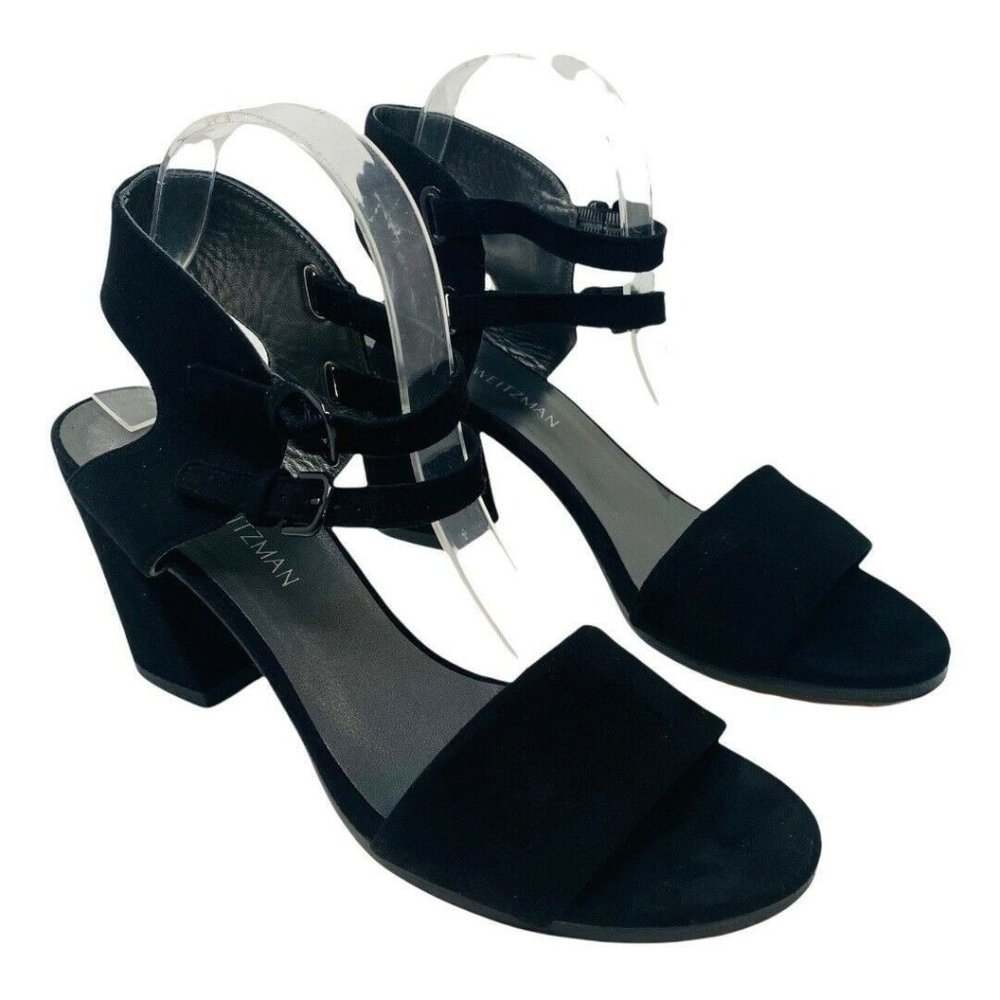 Stuart Weitzman Black Heel Sandals Twoways 10 Suede Ankle Strap Shoes Open Toe